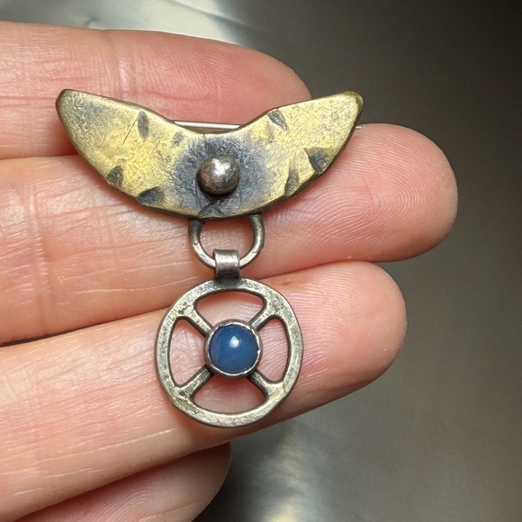 Fashion Jewelry Jewelry - Artisan Mixed Metal Brooch with Blue Stone